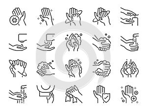 Hand washing line icon set. Included icons as wash, tissue paper, cleaning, hand dryer, soap,Â wipe, sanitary and more.